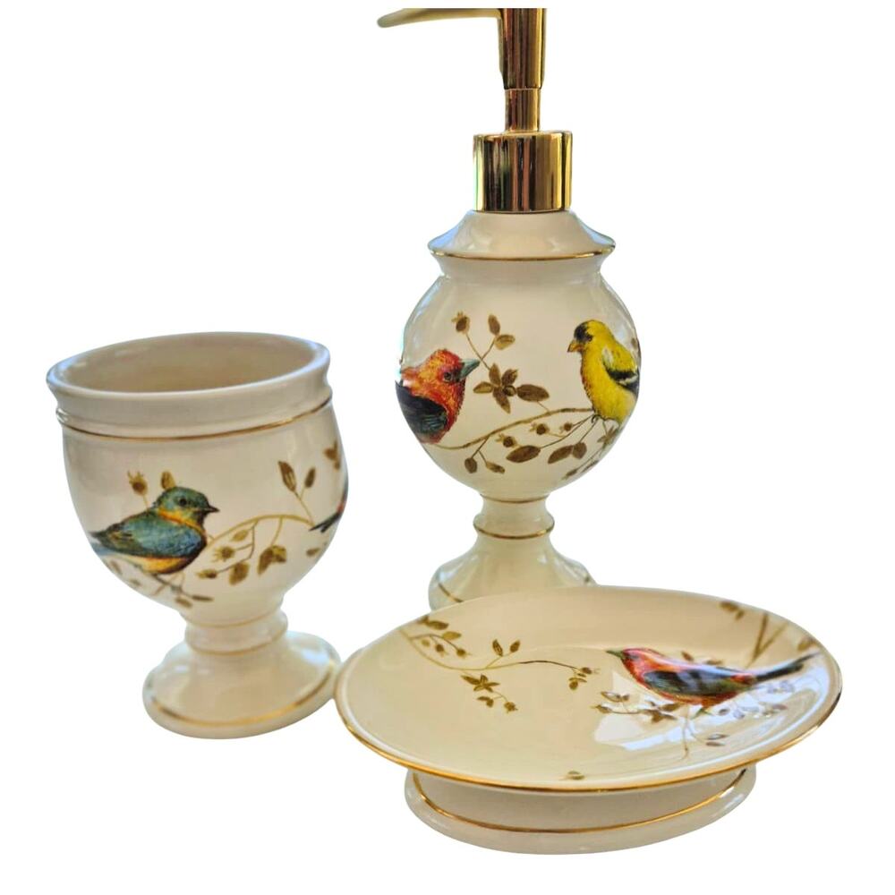 Gilded Birds Bathroom Soap Dish Lotion Dispenser Tumbler 3 Piece Set Like New